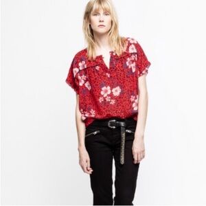 ZADIG & VOLTAIRE Red Floral Terson Pensee Short Sleeve Blouse 100% silk,